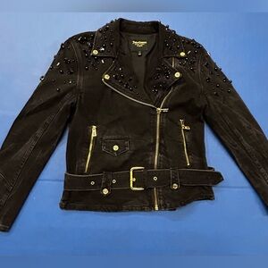 Juicy Couture Black Label embellished black denim biker jacket 100% cotton XS
